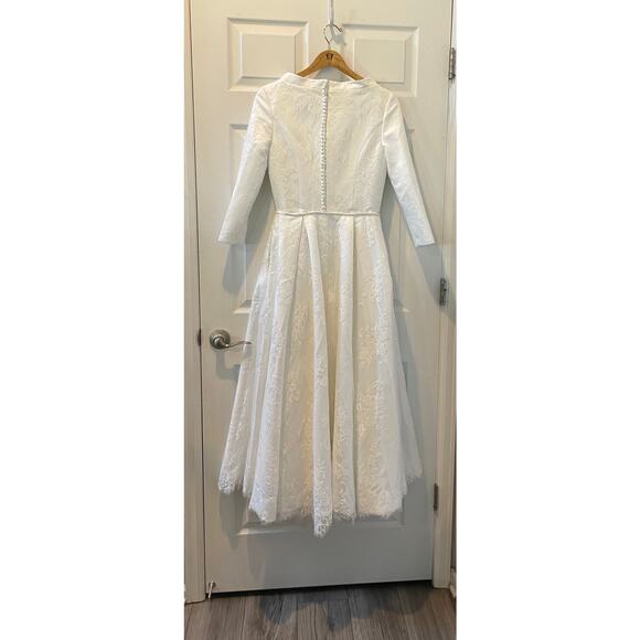 Wedding Dress1950s style Neck  Detachable Train Satin French Lace Sz10 #32 New - Picture 5 of 14